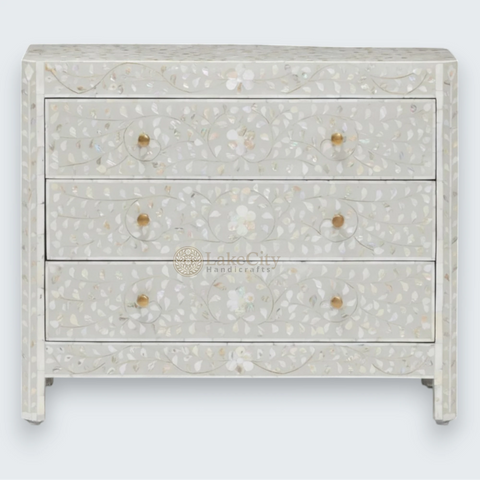Mother Of Pearl Inlay Edge Floral Design 3 Drawers Dresser Table Grey