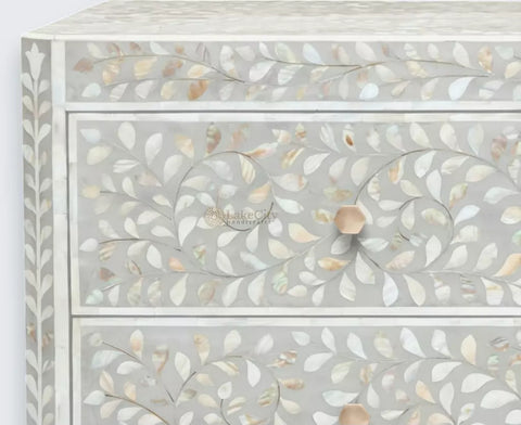 Mother Of Pearl Inlay Edge Floral Design 3 Drawers Dresser Table Grey