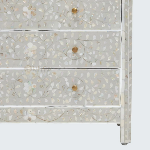 Mother Of Pearl Inlay Edge Floral Design 3 Drawers Dresser Table Grey