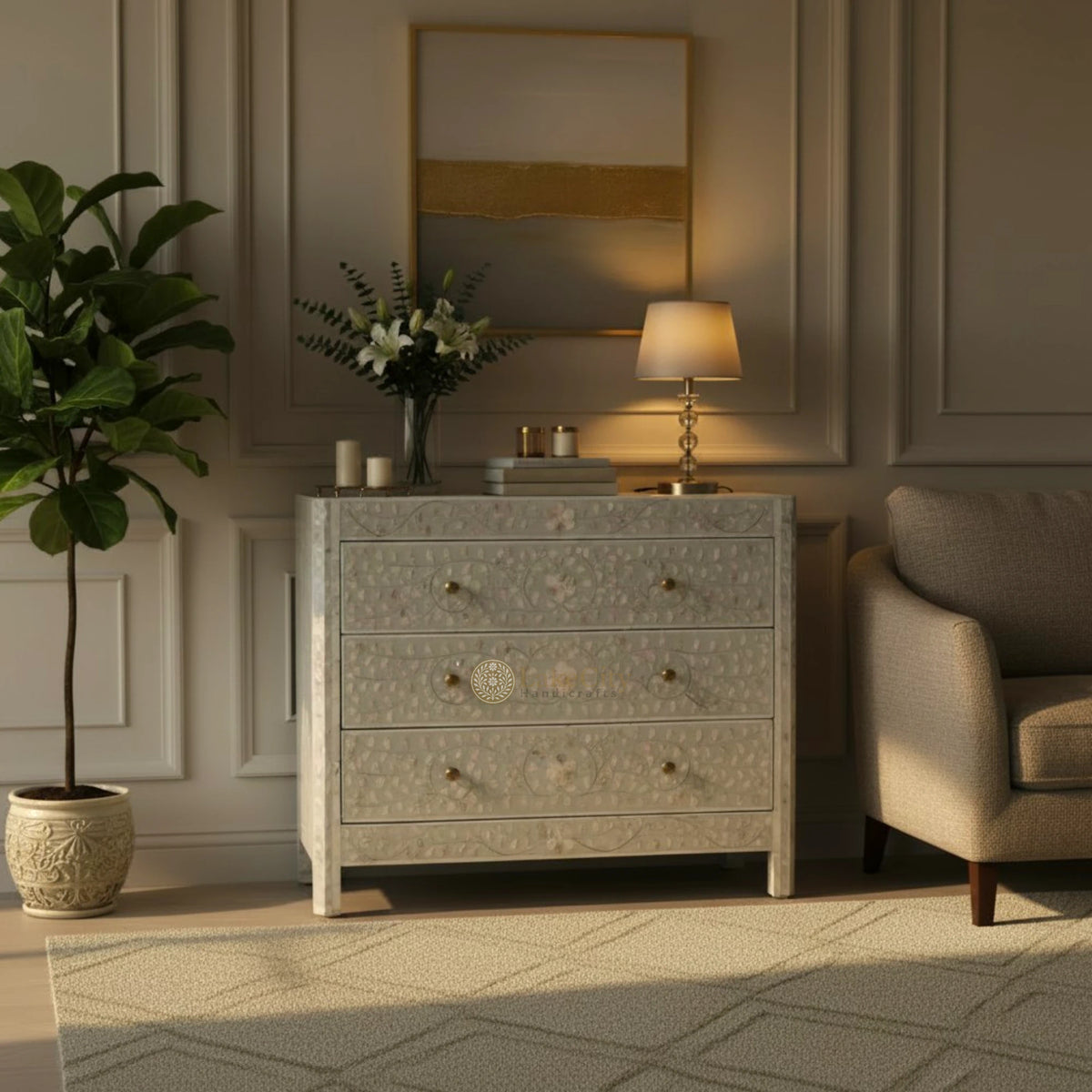 Mother Of Pearl Inlay Edge Floral Design 3 Drawers Dresser Table Grey