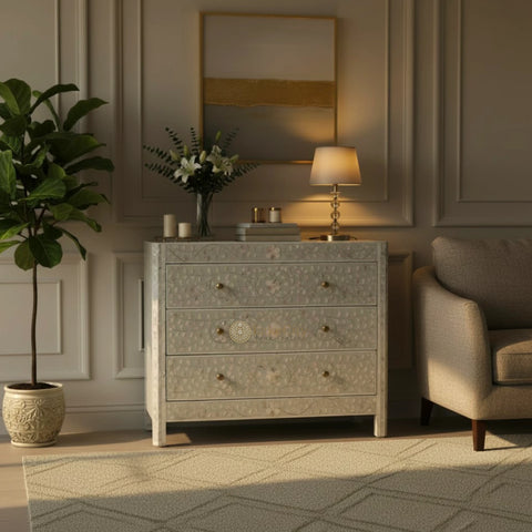 Mother Of Pearl Inlay Edge Floral Design 3 Drawers Dresser Table Grey