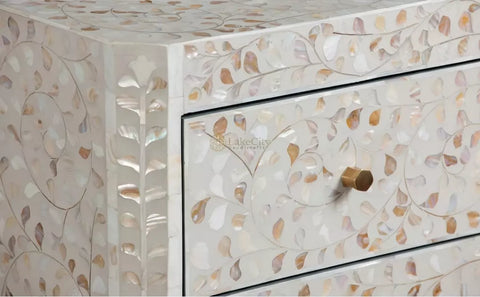 Mother Of Pearl Inlay Edge Floral Design 3 Drawers Dresser Table Grey