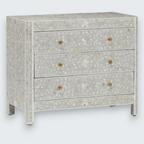 Mother Of Pearl Inlay Edge Floral Design 3 Drawers Dresser Table Grey