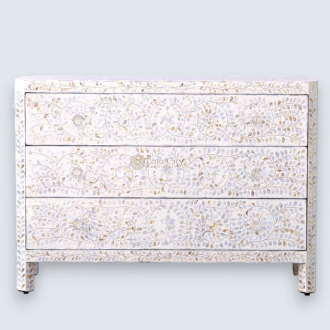 Mother Of Pearl Inlay Edge Floral Design 3 Drawers Dresser Table White