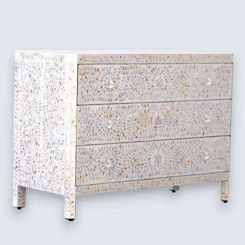 Mother Of Pearl Inlay Edge Floral Design 3 Drawers Dresser Table White
