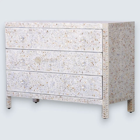Mother Of Pearl Inlay Edge Floral Design 3 Drawers Dresser Table White