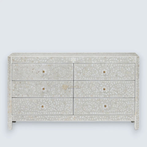 Commode 6 tiroirs à motif floral avec incrustations de nacre, gris