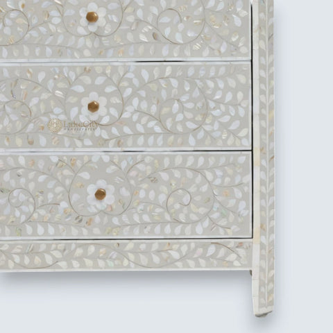 Commode 6 tiroirs à motif floral avec incrustations de nacre, gris