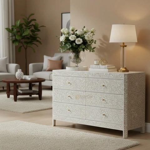 Commode 6 tiroirs à motif floral avec incrustations de nacre, gris
