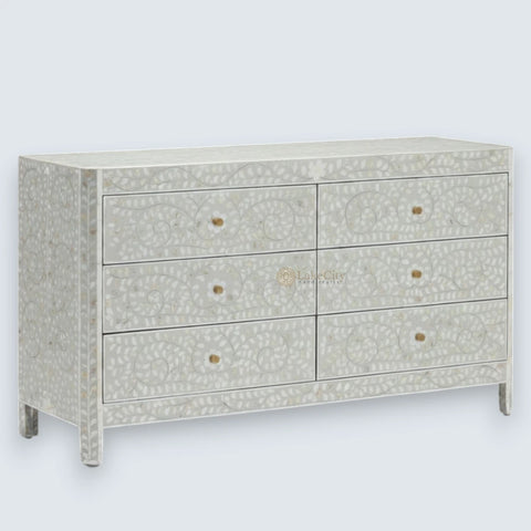 Commode 6 tiroirs à motif floral avec incrustations de nacre, gris