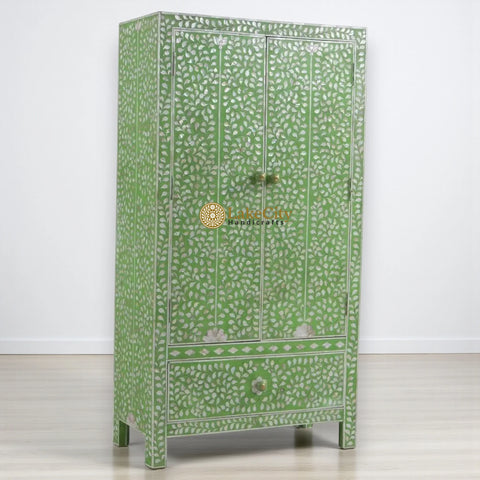 Mother Of Pearl Inlay Floral 2 Doors Armoire Green