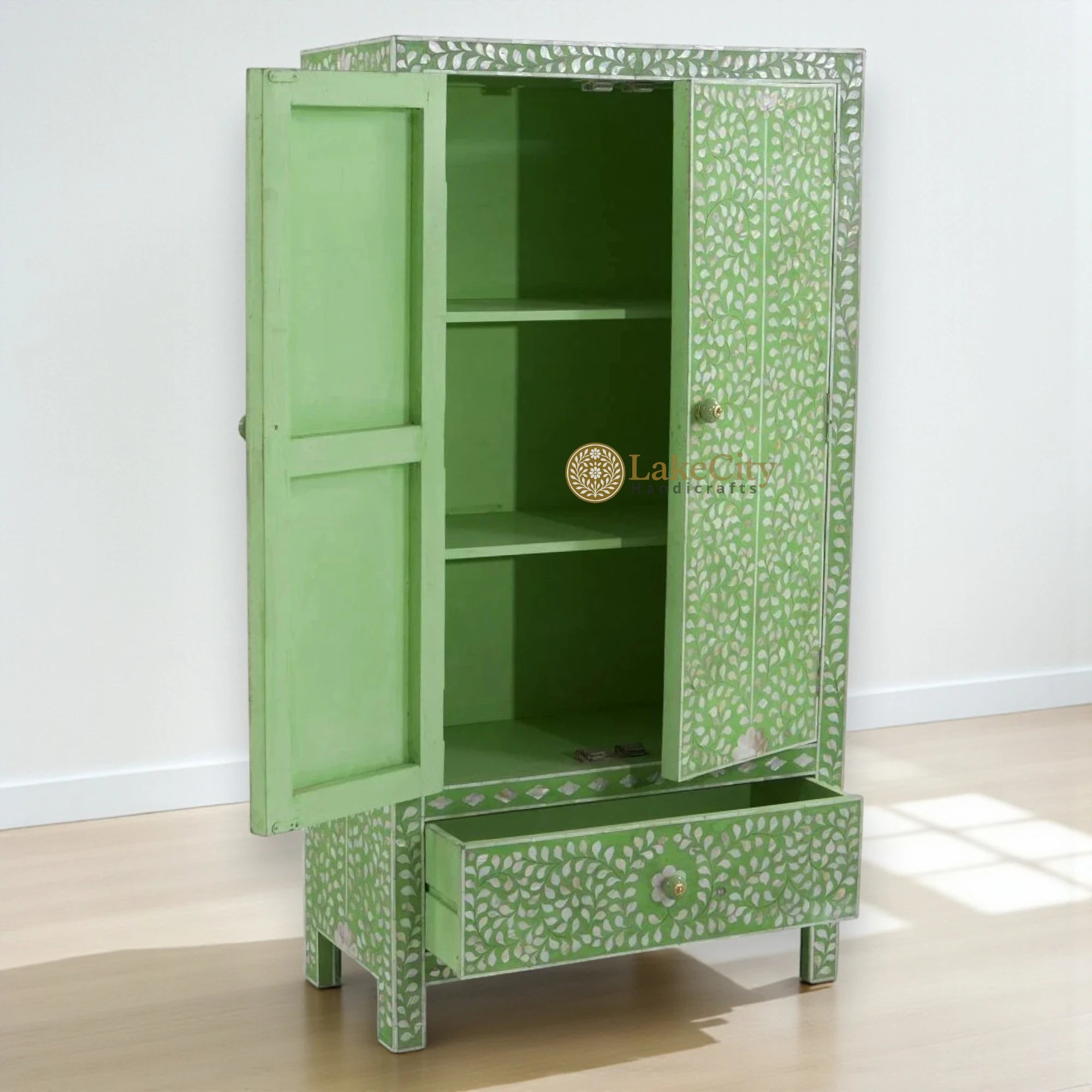 Mother Of Pearl Inlay Floral 2 Doors Armoire Green