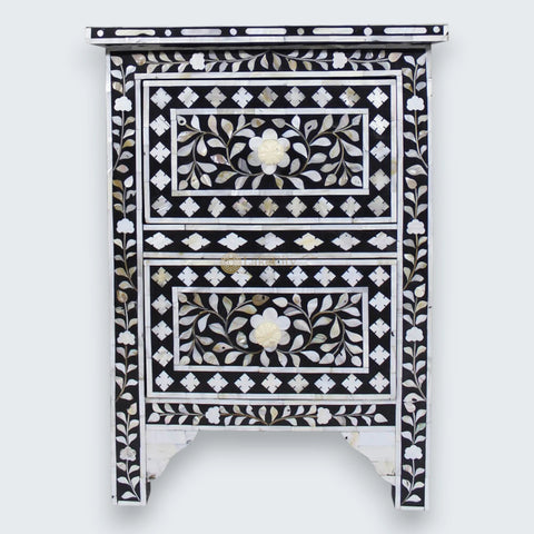 Mother Of Pearl Inlay Floral 2 Drawer Bedside Black