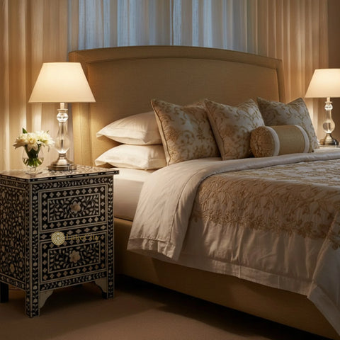 Mother Of Pearl Inlay Floral 2 Drawer Bedside Black