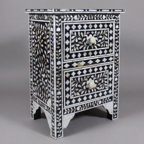 Mother Of Pearl Inlay Floral 2 Drawer Bedside Black