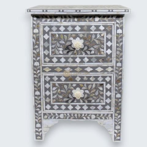 Mother Of Pearl Inlay Floral 2 Drawer Bedside Grey