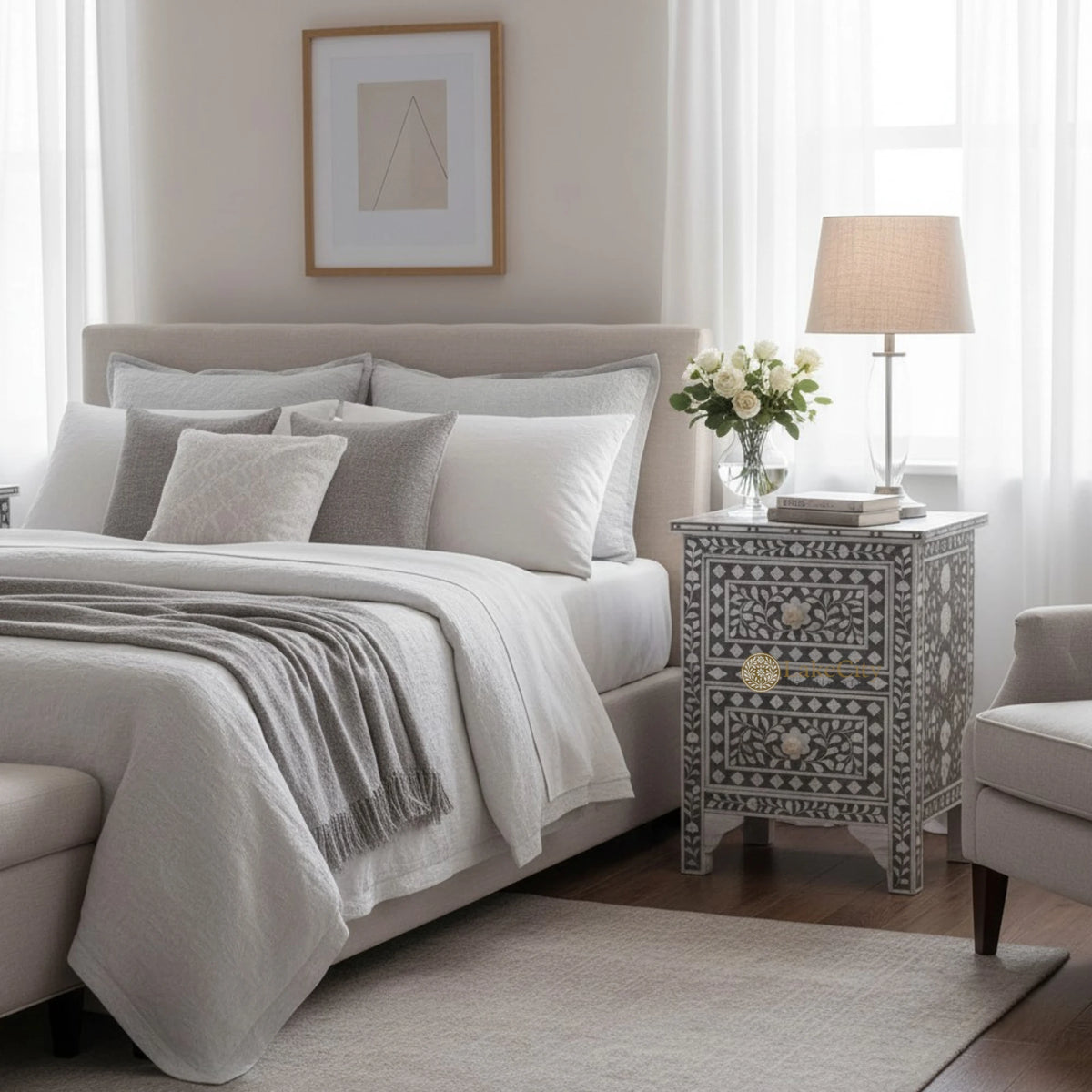 Mother Of Pearl Inlay Floral 2 Drawer Bedside Grey