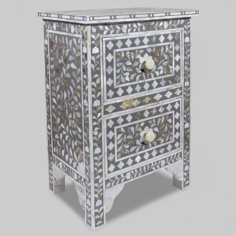 Mother Of Pearl Inlay Floral 2 Drawer Bedside Grey