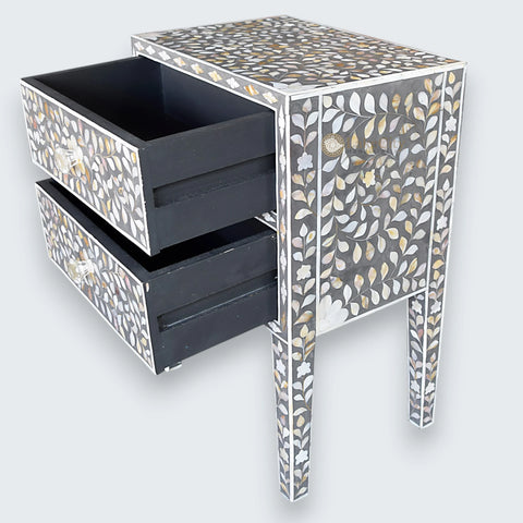 MOP Inlay Floral 2 Drawer Bedside Long Leg Grey