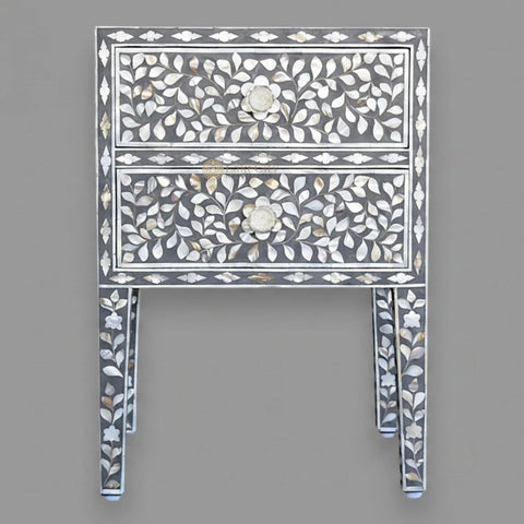 MOP Inlay Floral 2 Drawer Bedside Long Leg Grey