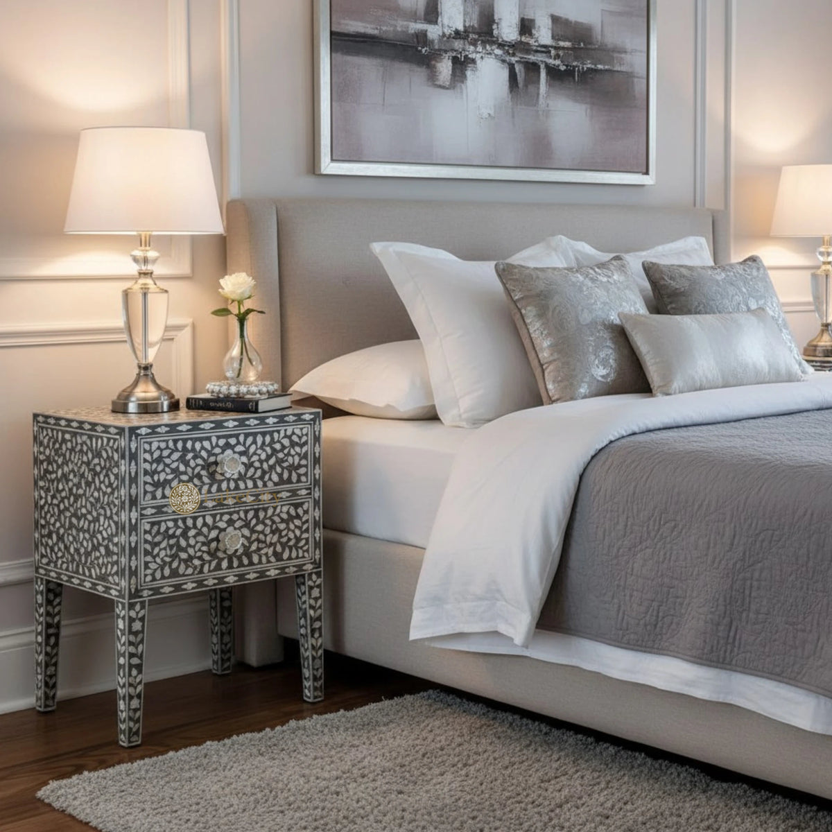 MOP Inlay Floral 2 Drawer Bedside Long Leg Grey