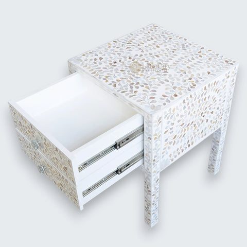 MOP Inlay Floral 2 Drawer Bedside Long Leg White