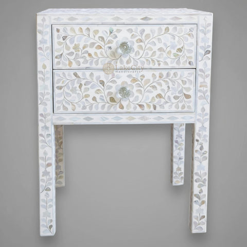 MOP Inlay Floral 2 Drawer Bedside Long Leg White
