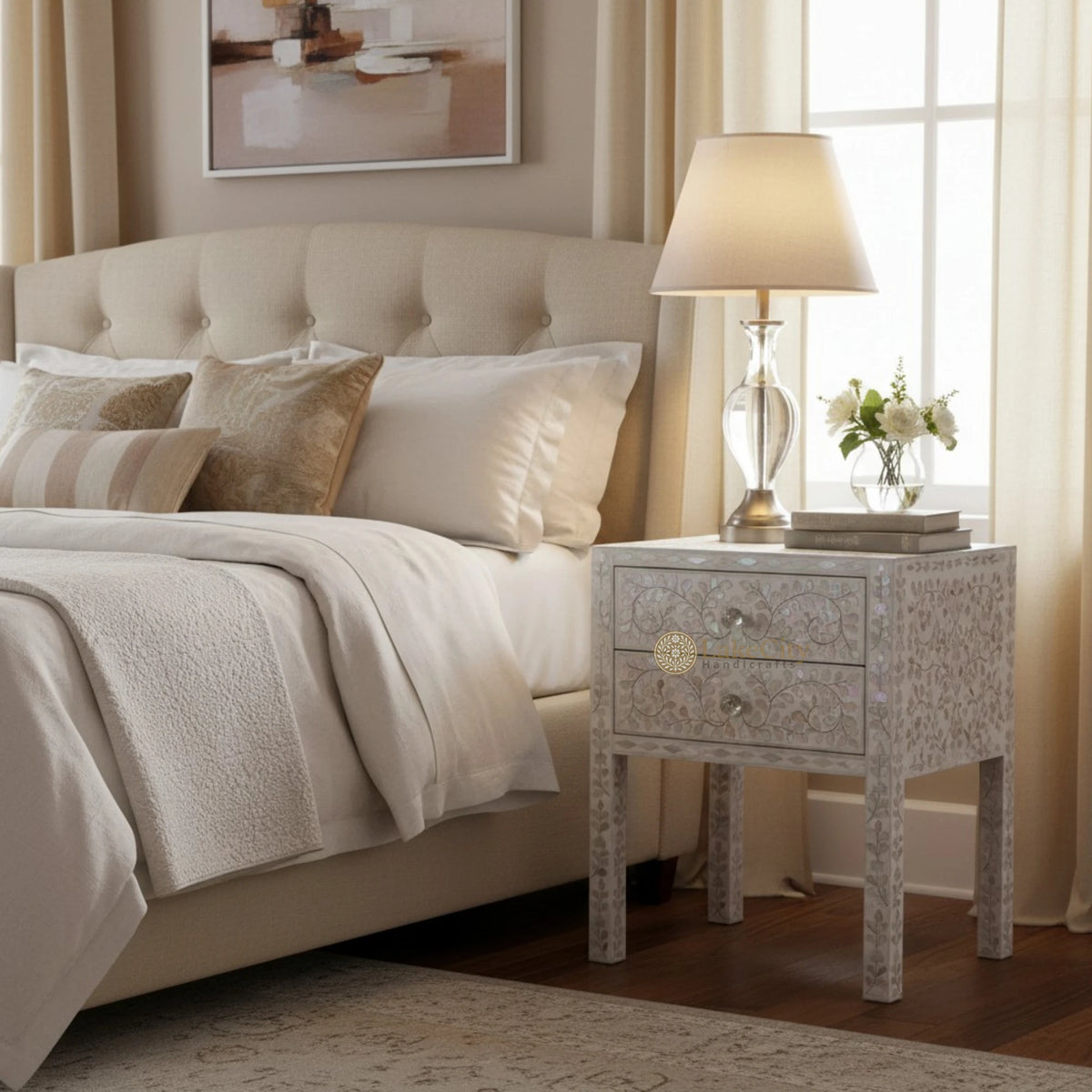 MOP Inlay Floral 2 Drawer Bedside Long Leg White