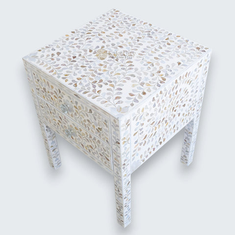 MOP Inlay Floral 2 Drawer Bedside Long Leg White