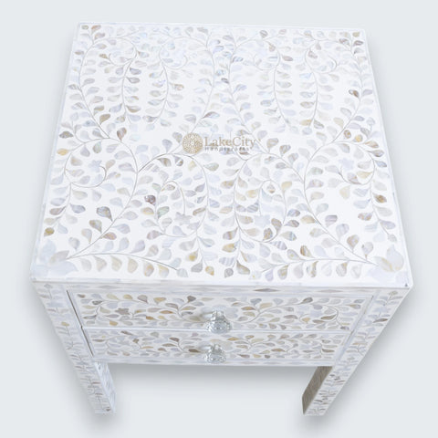 MOP Inlay Floral 2 Drawer Bedside Long Leg White