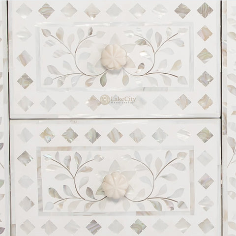 Mother Of Pearl Inlay Floral 2 Drawer Bedside White