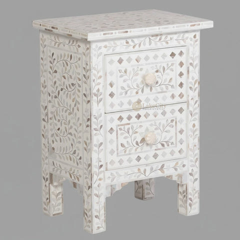 Mother Of Pearl Inlay Floral 2 Drawer Bedside White