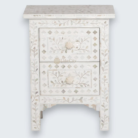 Mother Of Pearl Inlay Floral 2 Drawer Bedside White