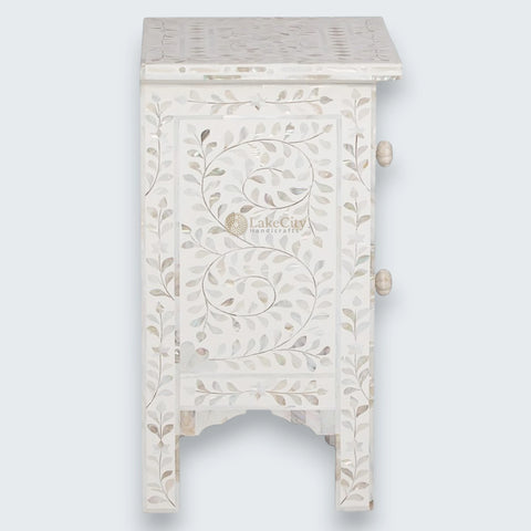 Mother Of Pearl Inlay Floral 2 Drawer Bedside White