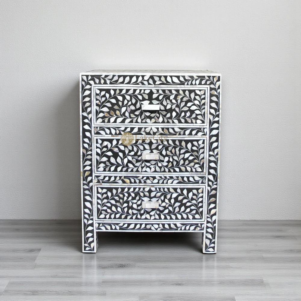 Mother Of Pearl Inlay Floral 3 Drawer Bedside Black