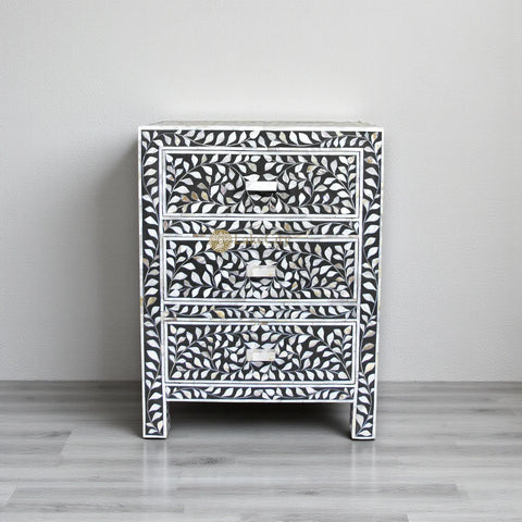 Mother Of Pearl Inlay Floral 3 Drawer Bedside Black