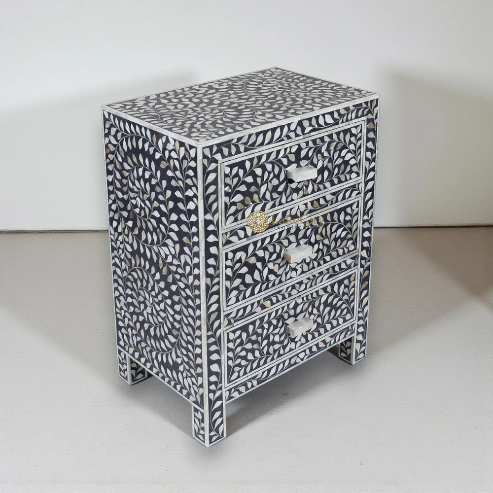 Mother Of Pearl Inlay Floral 3 Drawer Bedside Black