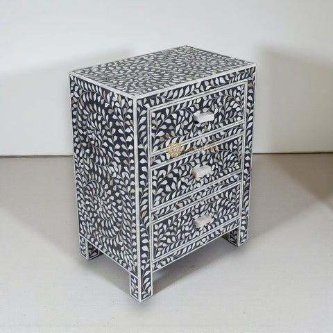 Mother Of Pearl Inlay Floral 3 Drawer Bedside Black