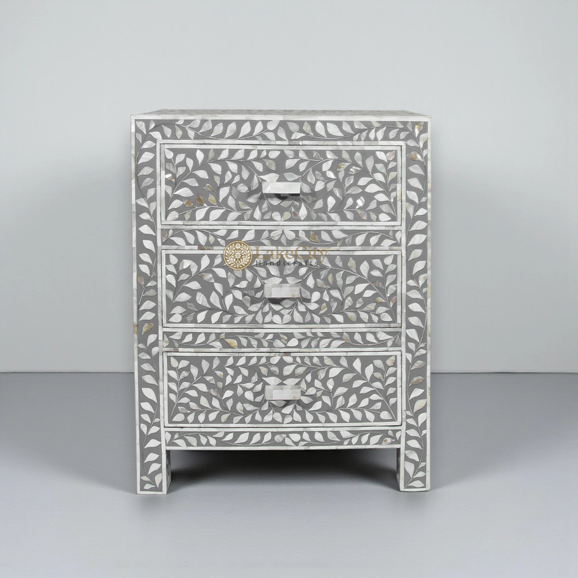 Mother Of Pearl Inlay Floral 3 Drawer Bedside Grey