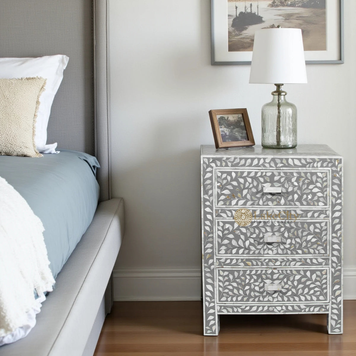 Mother Of Pearl Inlay Floral 3 Drawer Bedside Grey