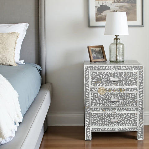 Mother Of Pearl Inlay Floral 3 Drawer Bedside Grey