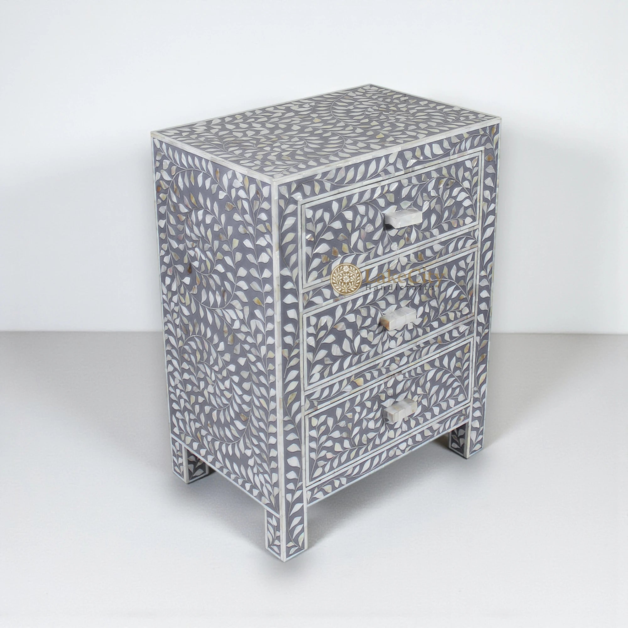 Mother Of Pearl Inlay Floral 3 Drawer Bedside Grey