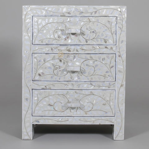Mother Of Pearl Inlay Floral 3 Drawer Bedside Ivory