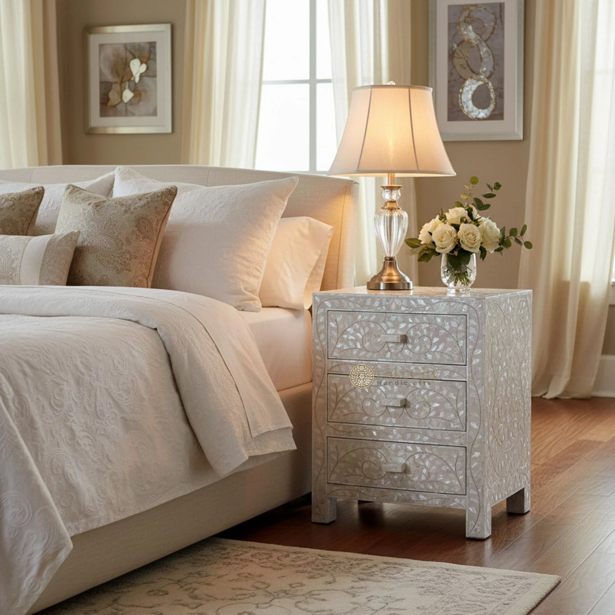 Mother Of Pearl Inlay Floral 3 Drawer Bedside Ivory