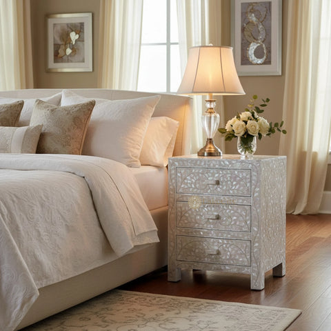 Mother Of Pearl Inlay Floral 3 Drawer Bedside Ivory