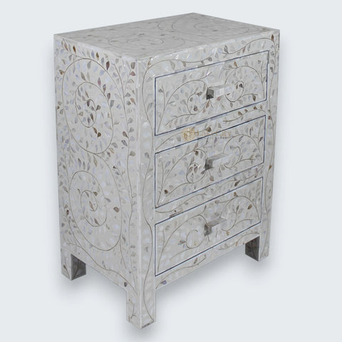 Mother Of Pearl Inlay Floral 3 Drawer Bedside Ivory