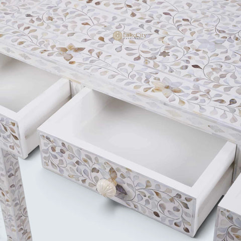 Mother Of Pearl Inlay Floral 3 Drawer Console Table White