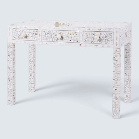 Mother Of Pearl Inlay Floral 3 Drawer Console Table White