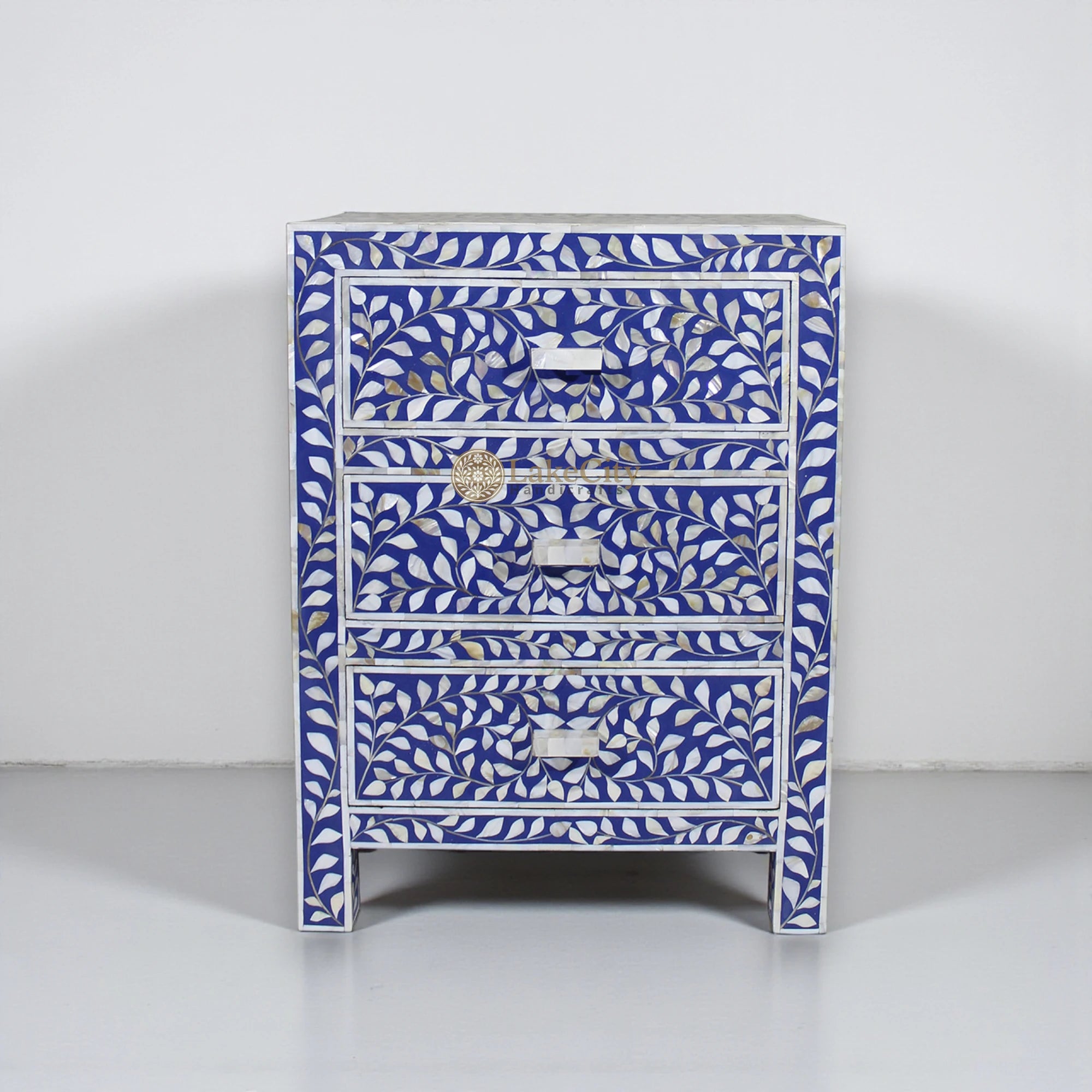 Mother Of Pearl Inlay Floral 3 Drawer Bedside Blue