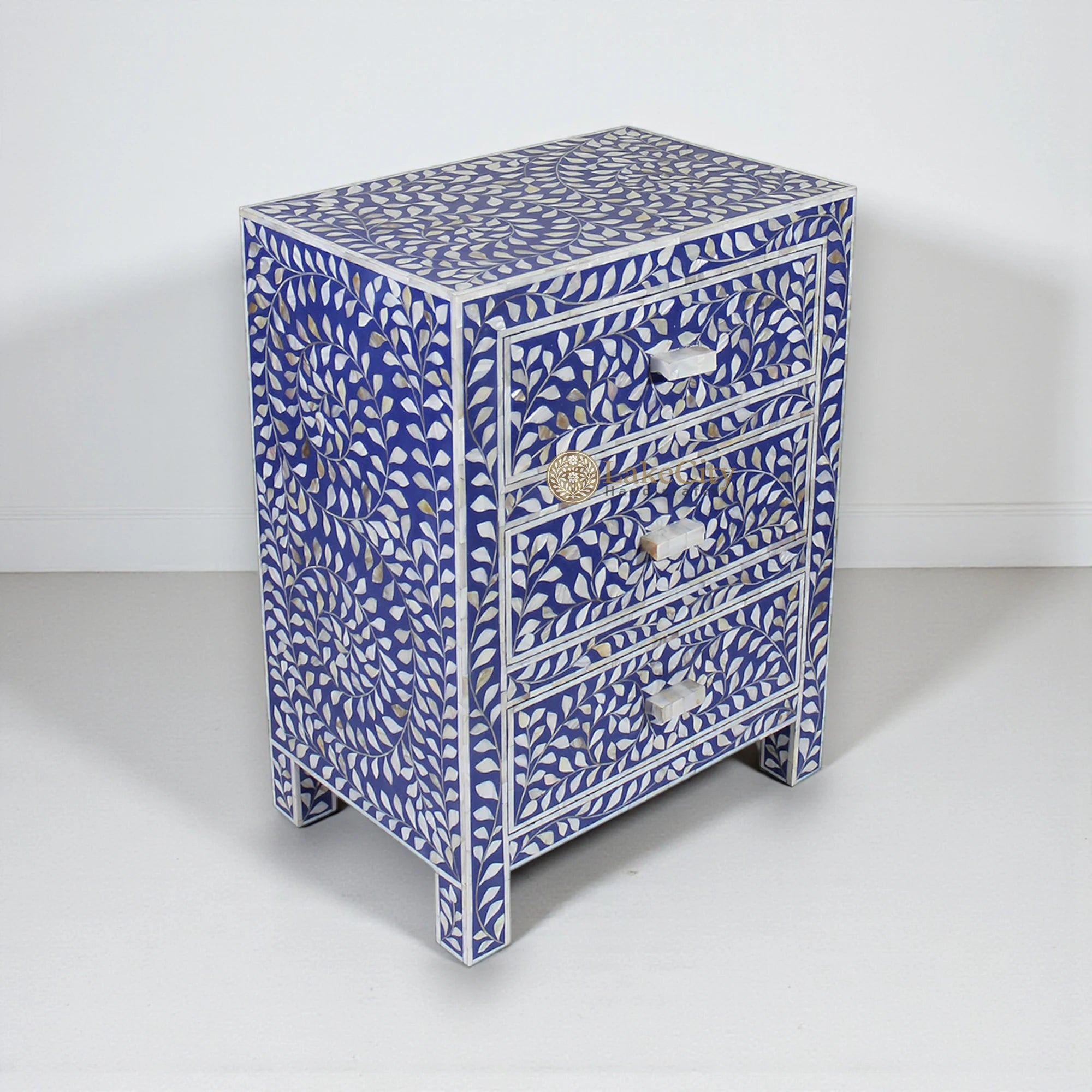 Mother Of Pearl Inlay Floral 3 Drawer Bedside Blue
